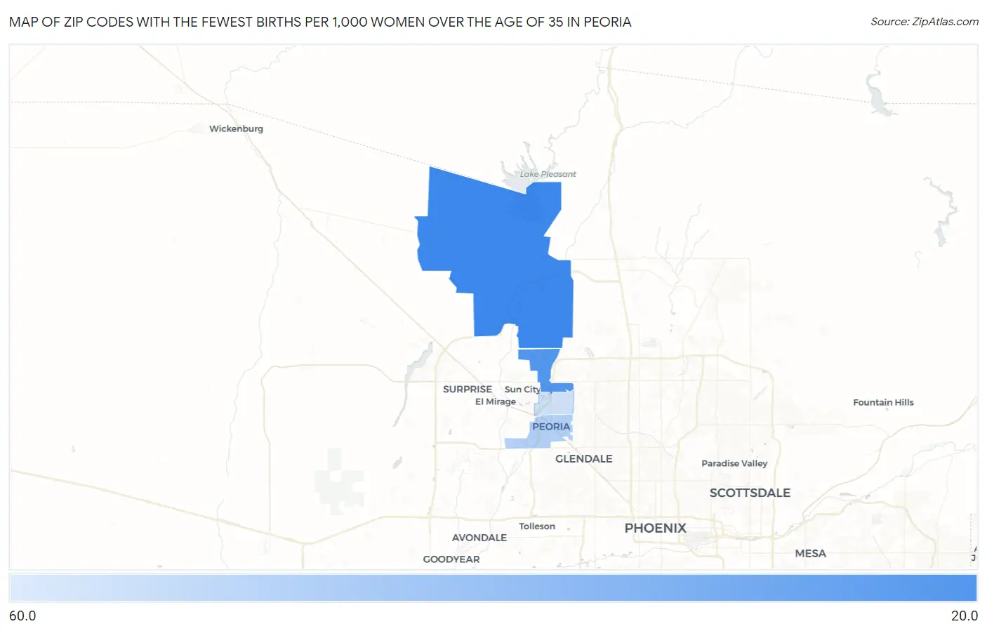 Zip Codes with the Fewest Births per 1,000 Women Over the Age of 35 in Peoria Map
