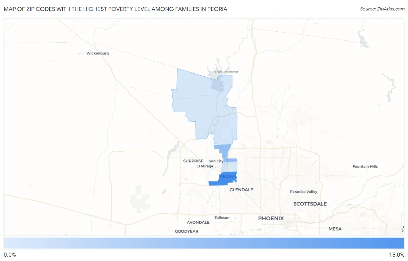 Zip Codes with the Highest Poverty Level Among Families in Peoria Map