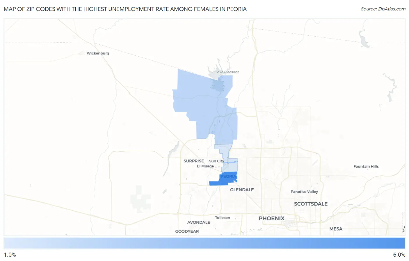 Zip Codes with the Highest Unemployment Rate Among Females in Peoria Map