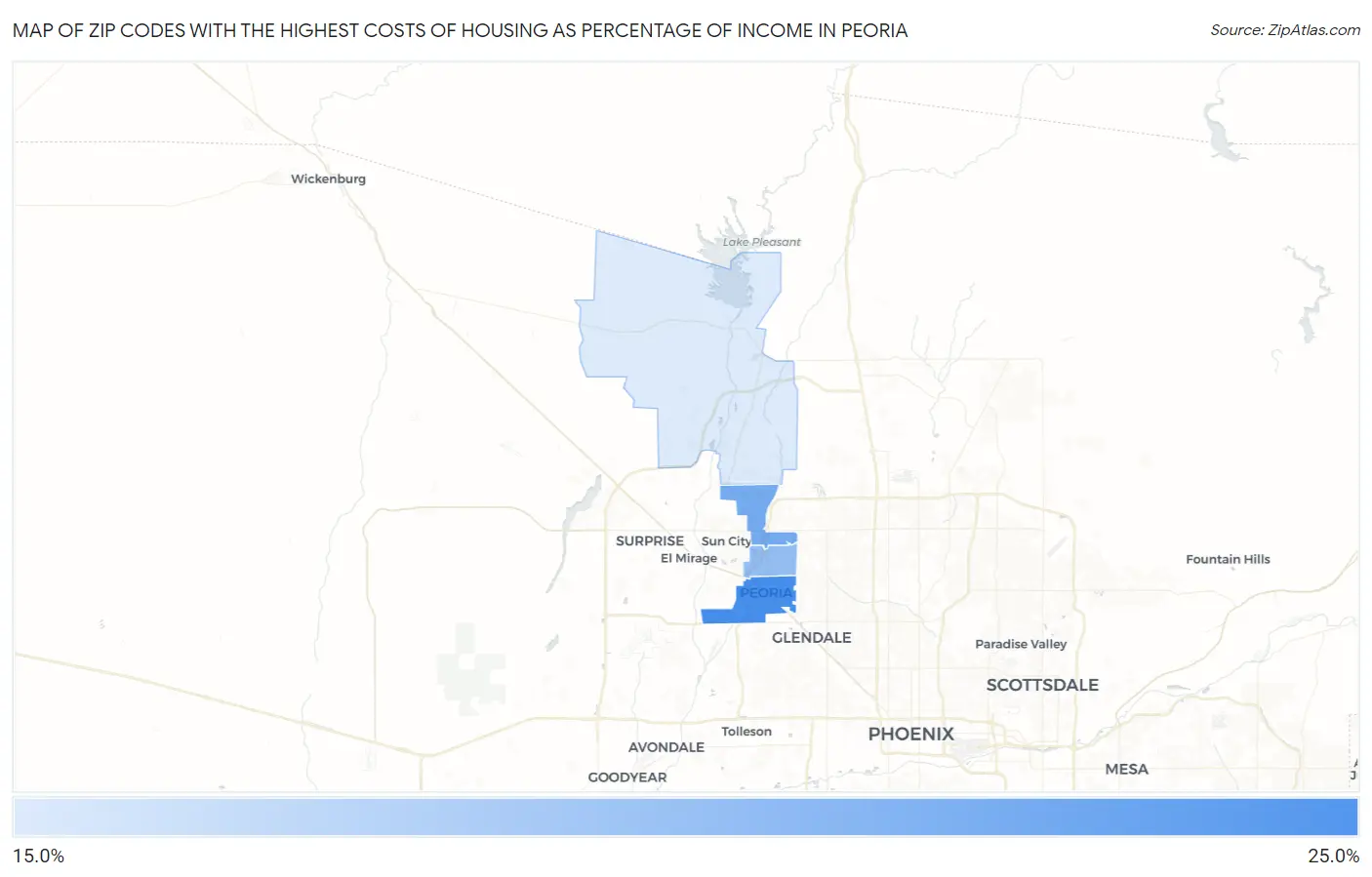 Zip Codes with the Highest Costs of Housing as Percentage of Income in Peoria Map
