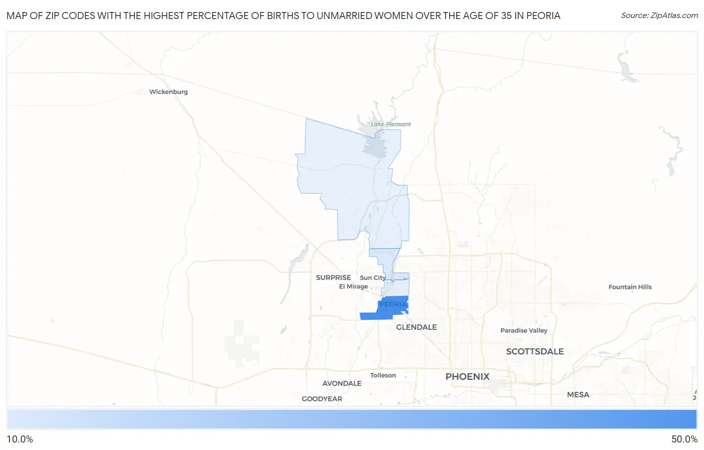 Zip Codes with the Highest Percentage of Births to Unmarried Women over the Age of 35 in Peoria Map