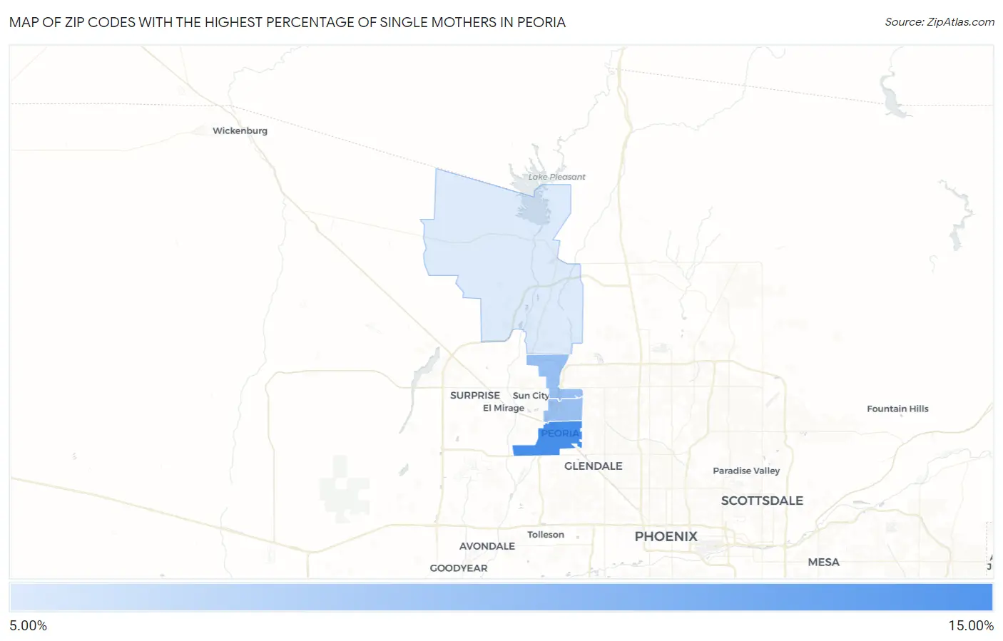 Zip Codes with the Highest Percentage of Single Mothers in Peoria Map