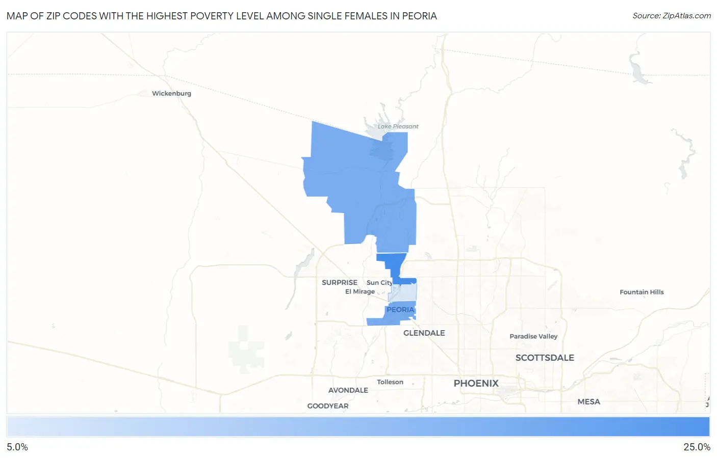 Zip Codes with the Highest Poverty Level Among Single Females in Peoria Map