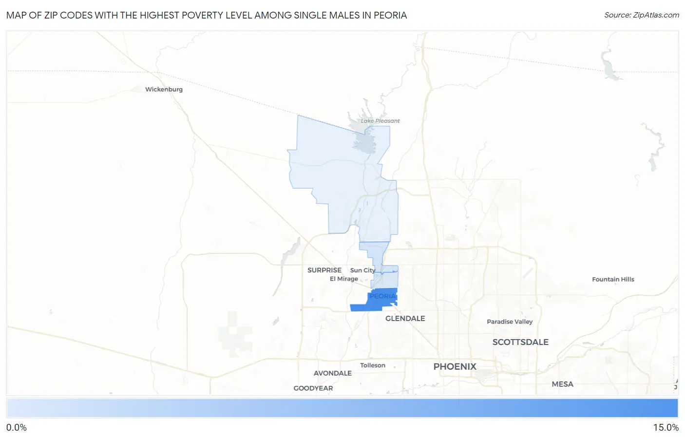 Zip Codes with the Highest Poverty Level Among Single Males in Peoria Map