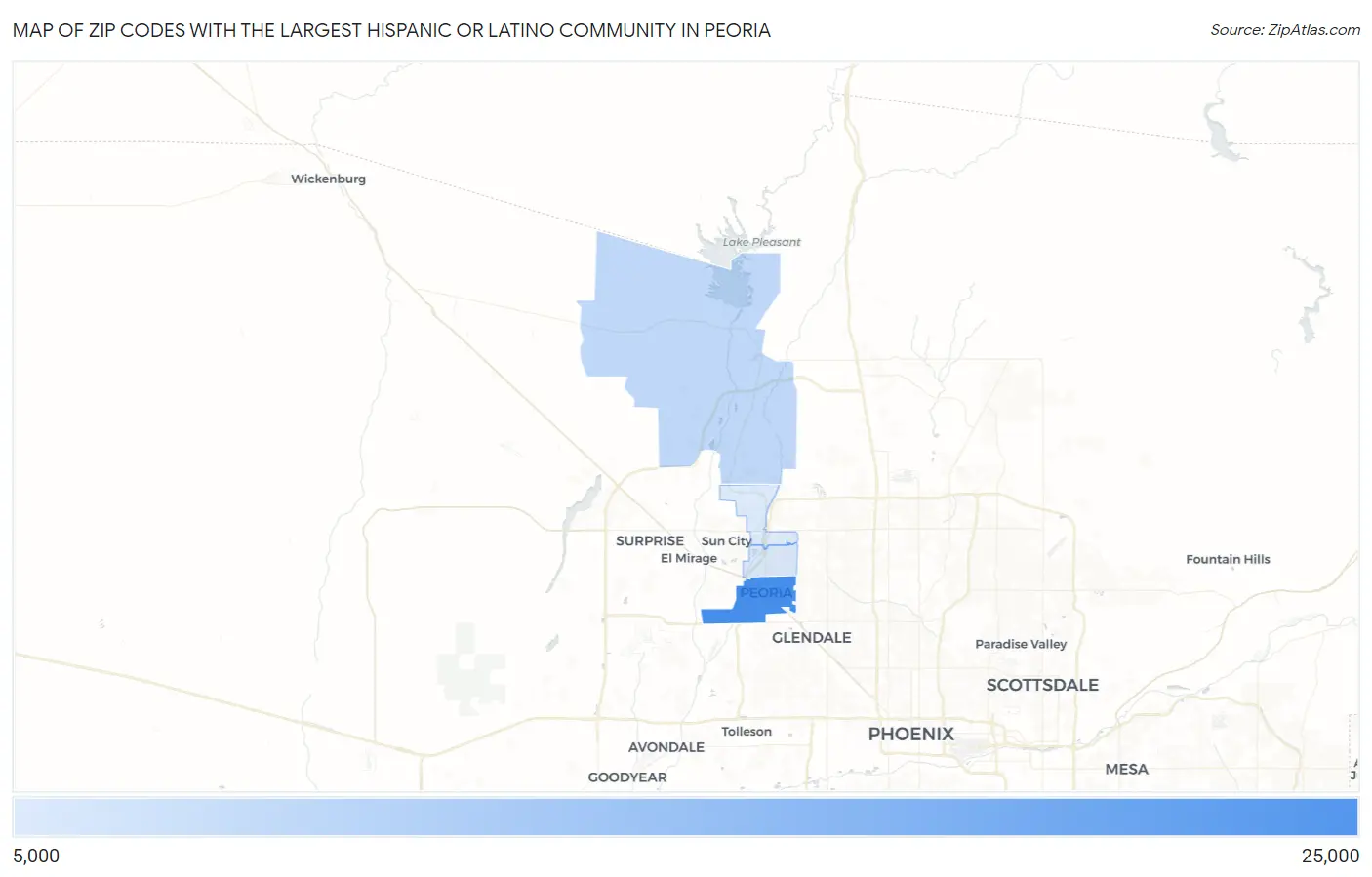 Zip Codes with the Largest Hispanic or Latino Community in Peoria Map