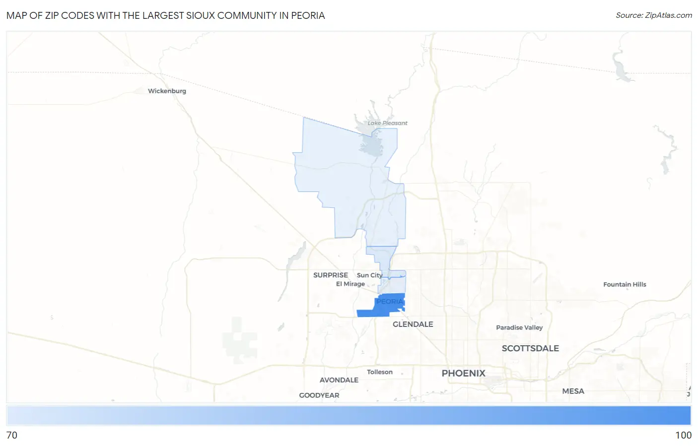 Zip Codes with the Largest Sioux Community in Peoria Map