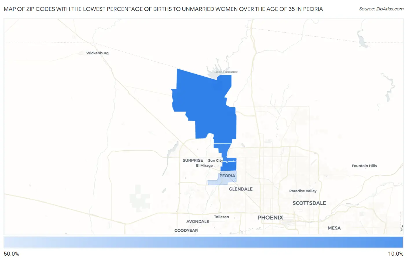 Zip Codes with the Lowest Percentage of Births to Unmarried Women over the Age of 35 in Peoria Map