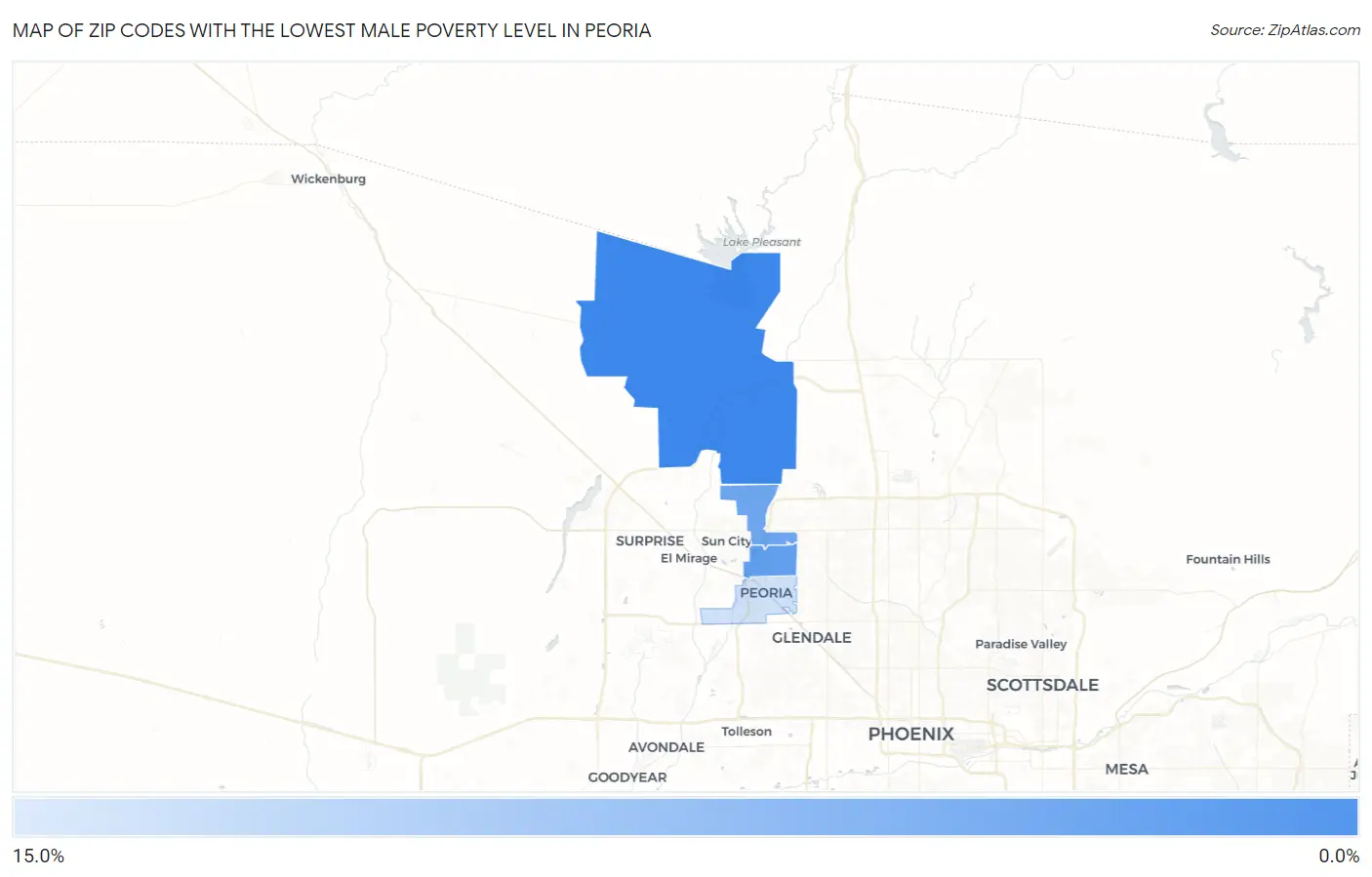 Zip Codes with the Lowest Male Poverty Level in Peoria Map