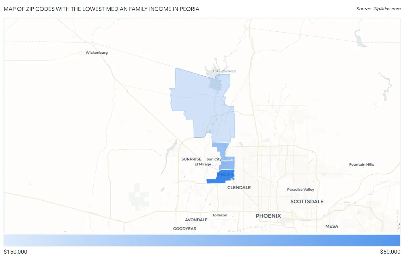 Zip Codes with the Lowest Median Family Income in Peoria Map