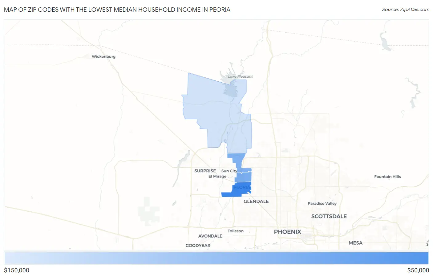 Zip Codes with the Lowest Median Household Income in Peoria Map
