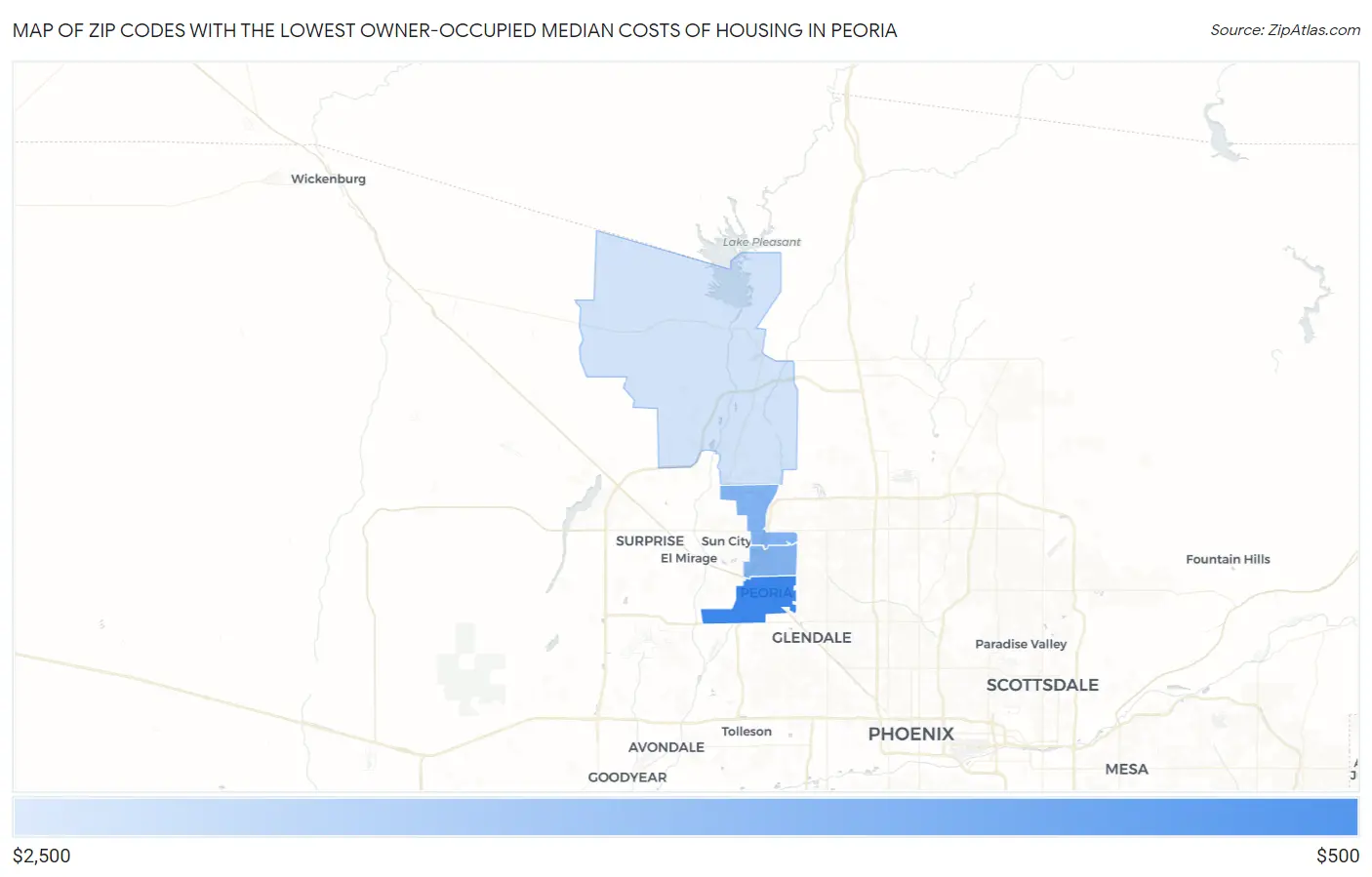 Zip Codes with the Lowest Owner-Occupied Median Costs of Housing in Peoria Map