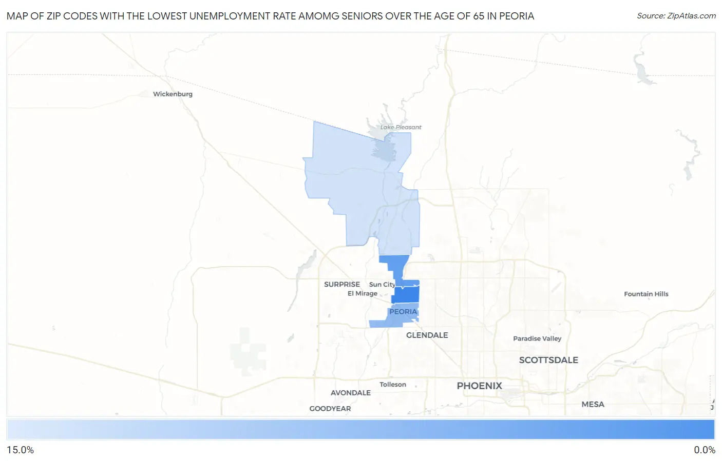 Zip Codes with the Lowest Unemployment Rate Amomg Seniors Over the Age of 65 in Peoria Map