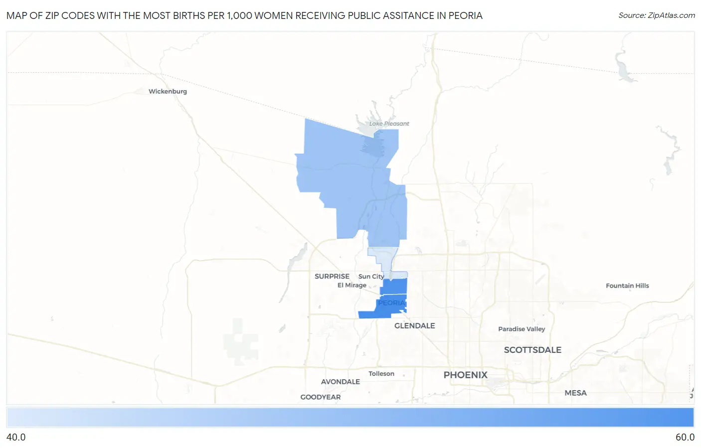 Zip Codes with the Most Births per 1,000 Women Receiving Public Assitance in Peoria Map