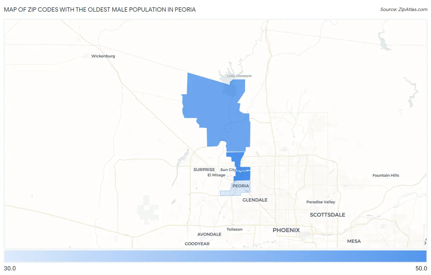 Zip Codes with the Oldest Male Population in Peoria Map