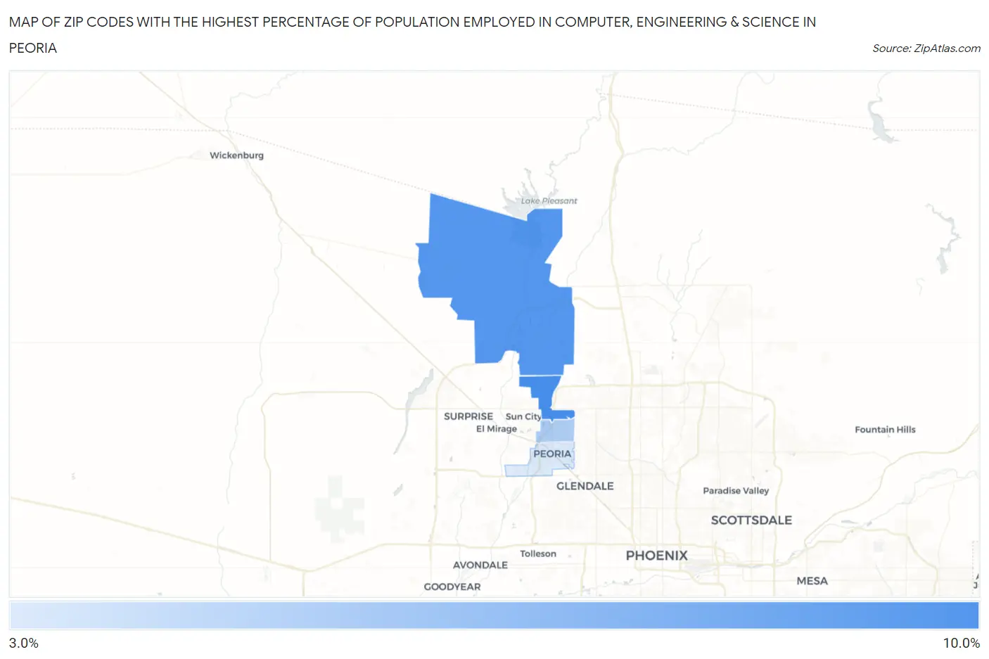 Zip Codes with the Highest Percentage of Population Employed in Computer, Engineering & Science in Peoria Map