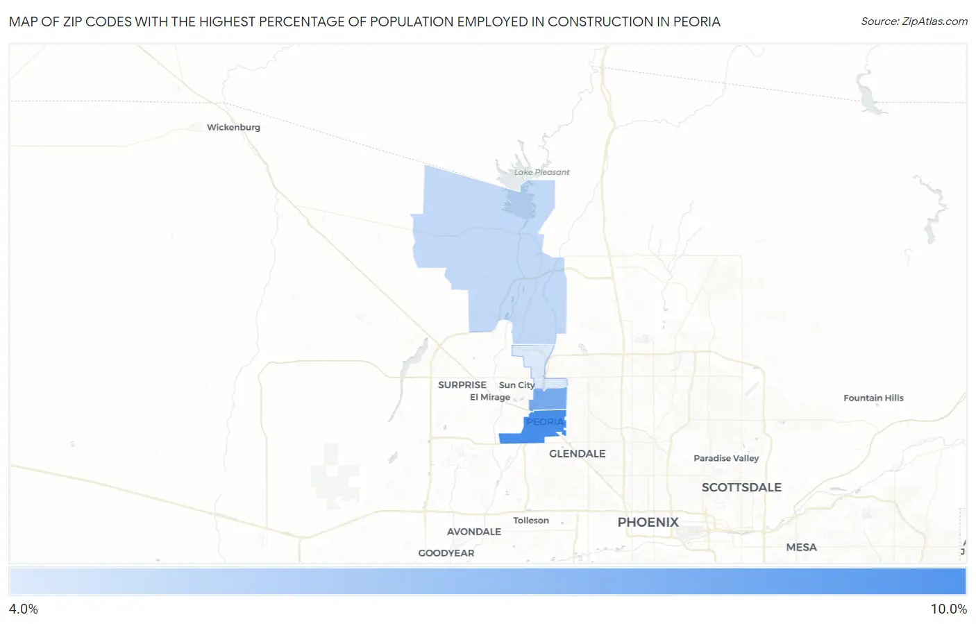 Zip Codes with the Highest Percentage of Population Employed in Construction in Peoria Map