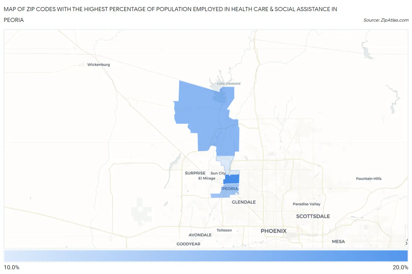 Zip Codes with the Highest Percentage of Population Employed in Health Care & Social Assistance in Peoria Map