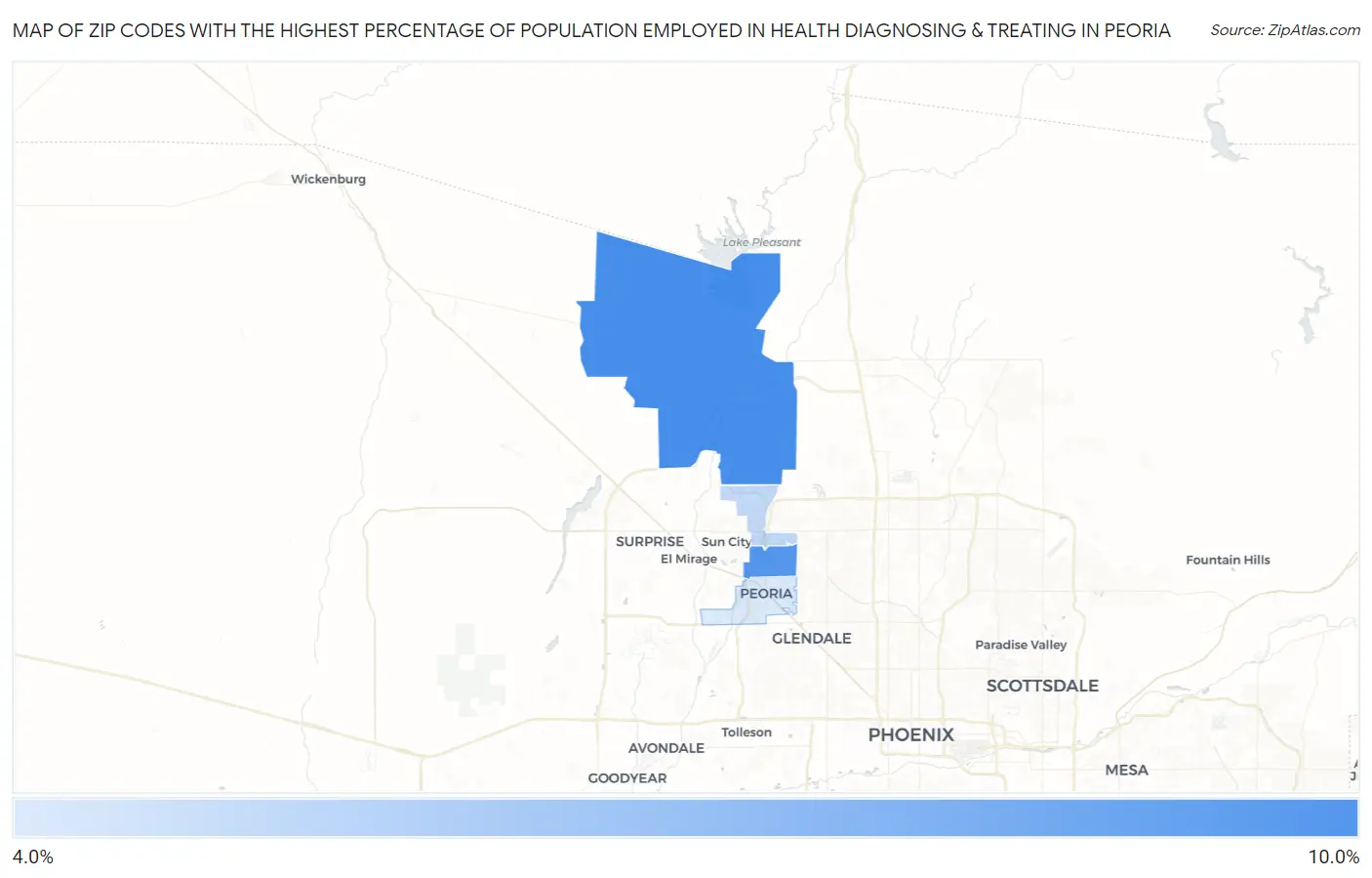 Zip Codes with the Highest Percentage of Population Employed in Health Diagnosing & Treating in Peoria Map