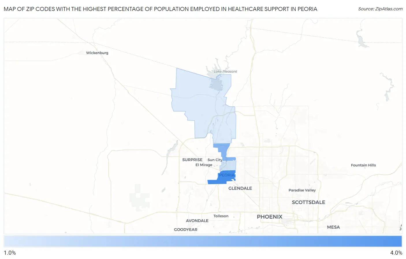 Zip Codes with the Highest Percentage of Population Employed in Healthcare Support in Peoria Map