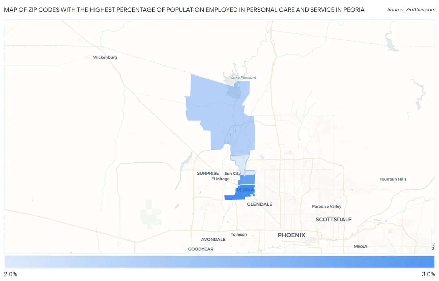 Zip Codes with the Highest Percentage of Population Employed in Personal Care and Service in Peoria Map