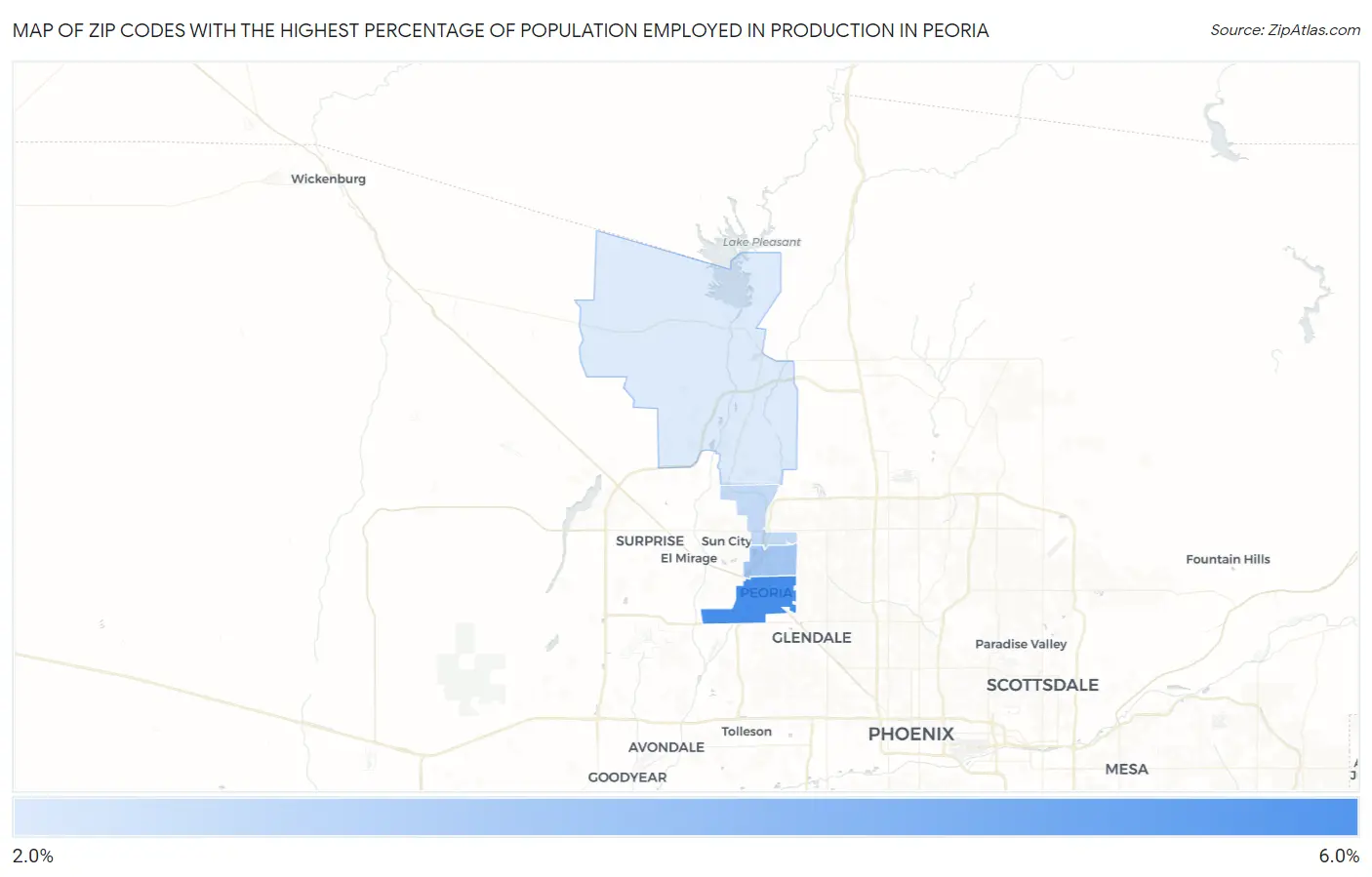 Zip Codes with the Highest Percentage of Population Employed in Production in Peoria Map