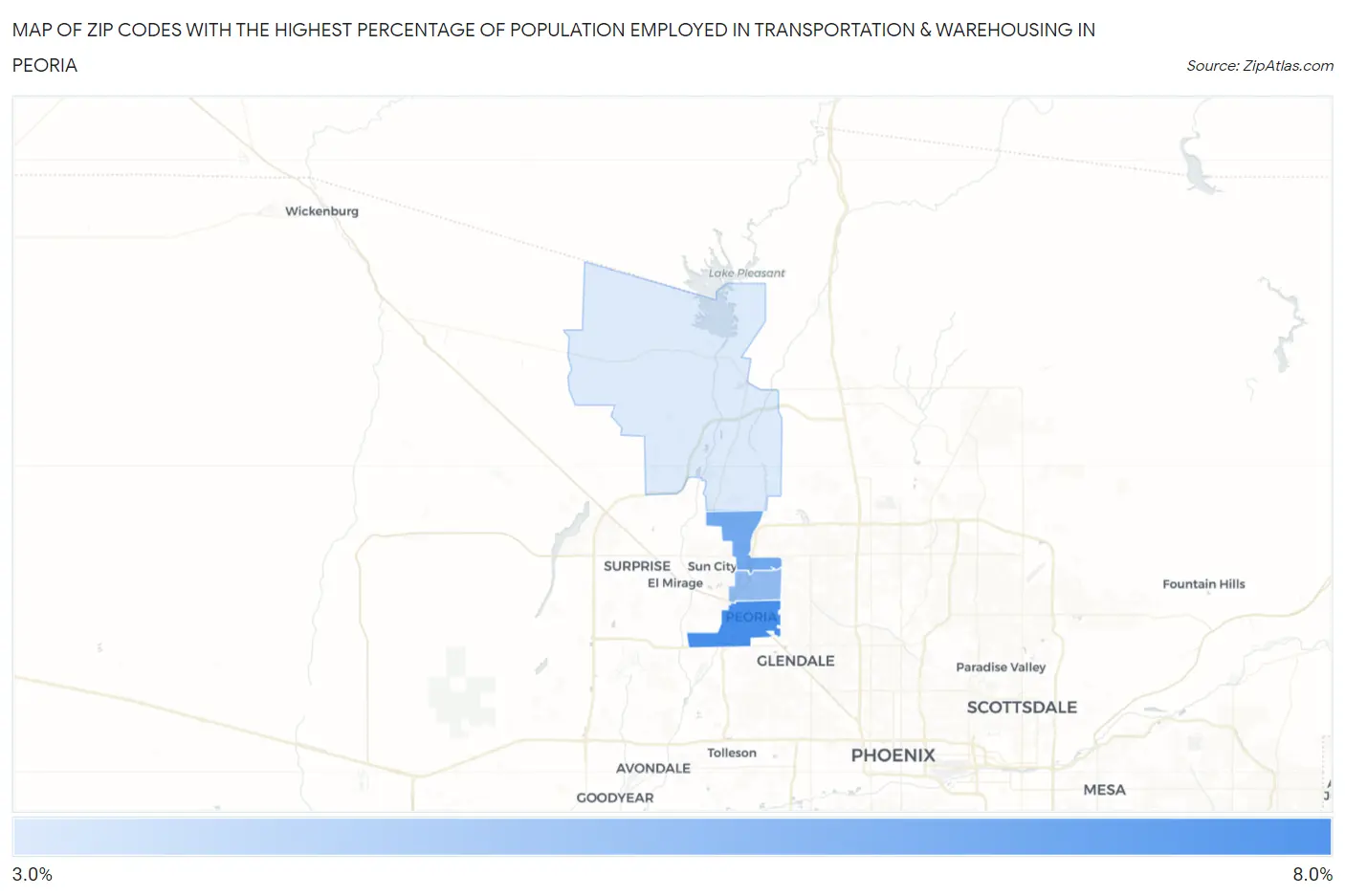 Zip Codes with the Highest Percentage of Population Employed in Transportation & Warehousing in Peoria Map