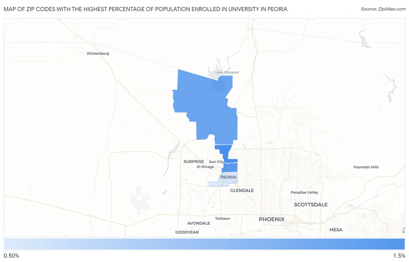 Zip Codes with the Highest Percentage of Population Enrolled in University in Peoria Map