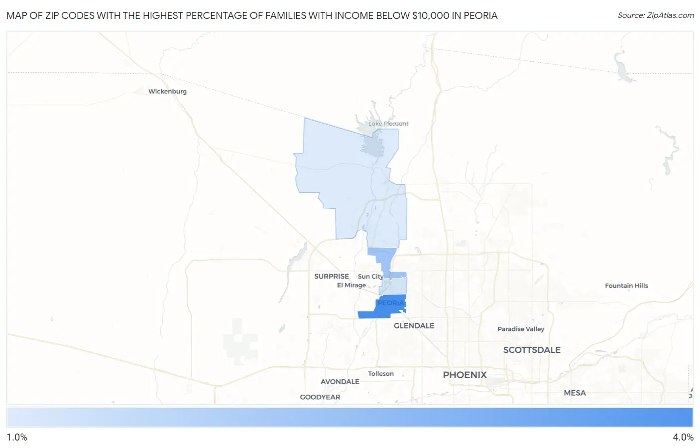 Zip Codes with the Highest Percentage of Families with Income Below $10,000 in Peoria Map