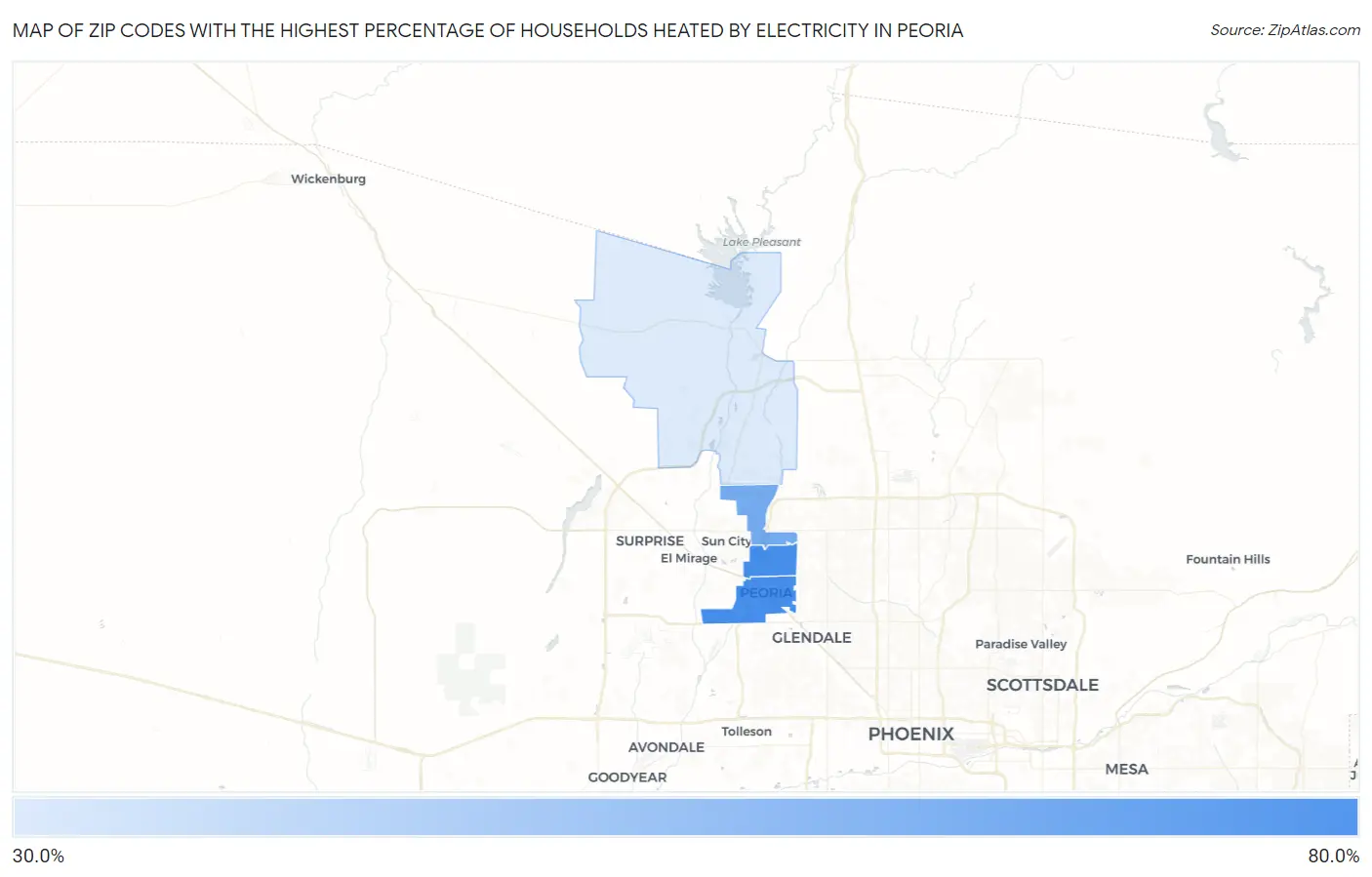 Zip Codes with the Highest Percentage of Households Heated by Electricity in Peoria Map