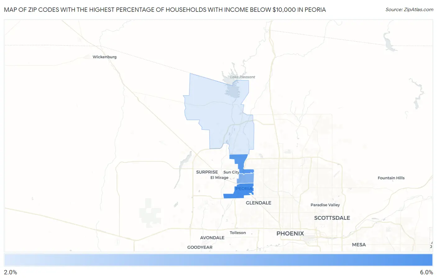Zip Codes with the Highest Percentage of Households with Income Below $10,000 in Peoria Map