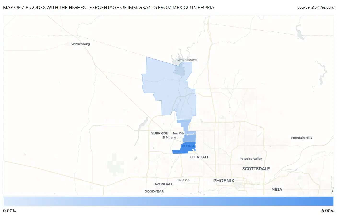 Zip Codes with the Highest Percentage of Immigrants from Mexico in Peoria Map