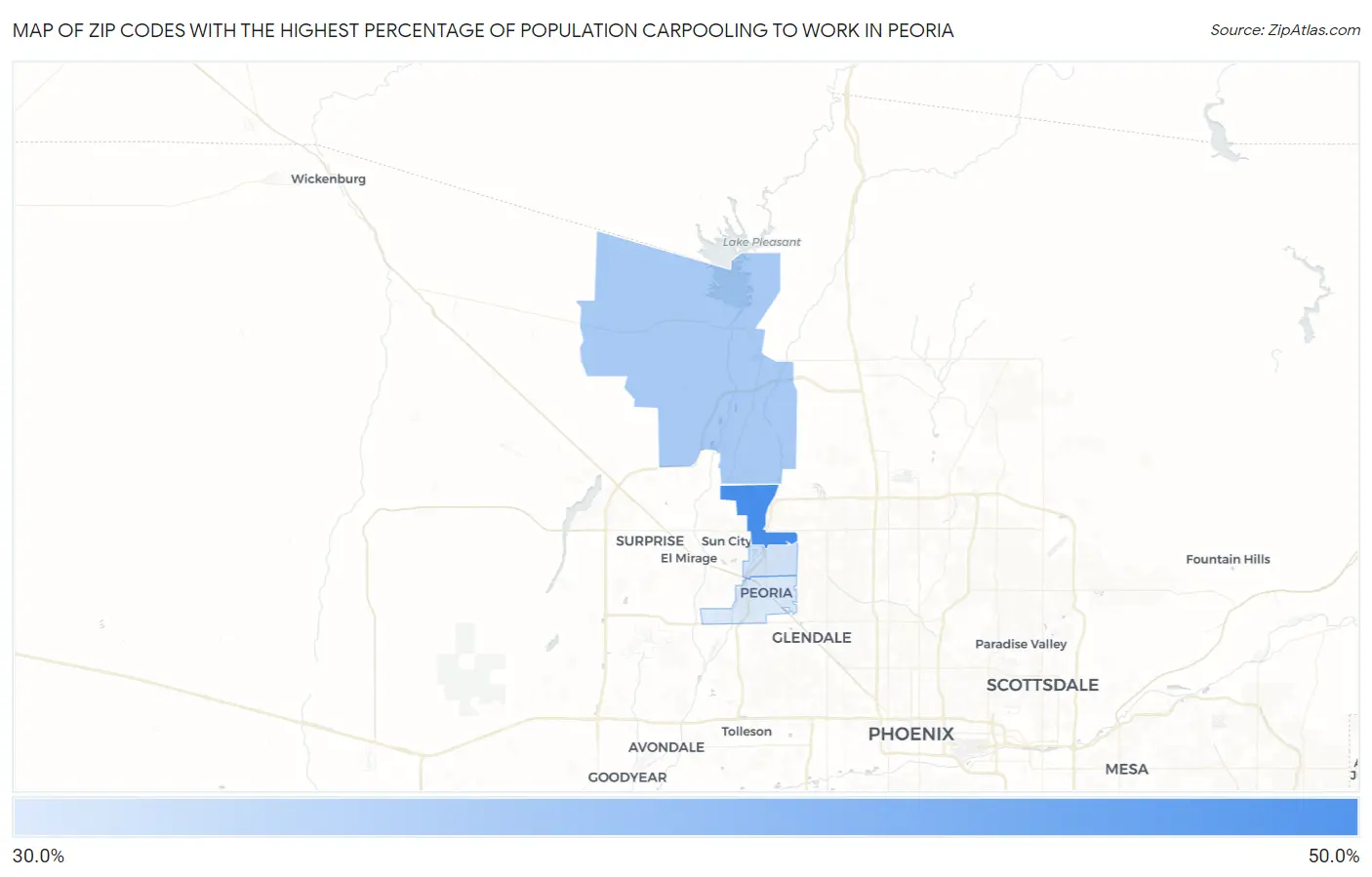 Zip Codes with the Highest Percentage of Population Carpooling to Work in Peoria Map
