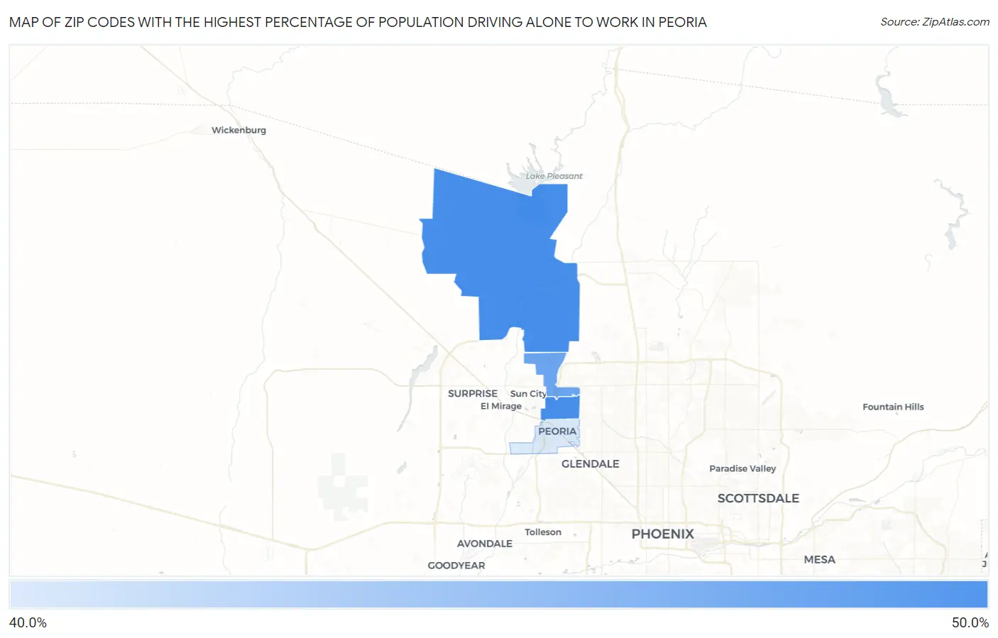 Zip Codes with the Highest Percentage of Population Driving Alone to Work in Peoria Map