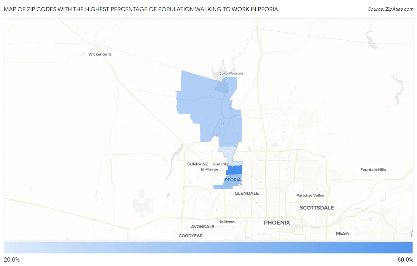Zip Codes with the Highest Percentage of Population Walking to Work in Peoria Map