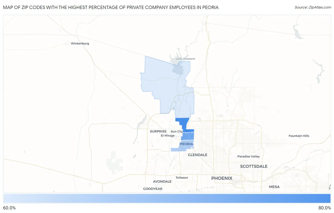 Zip Codes with the Highest Percentage of Private Company Employees in Peoria Map