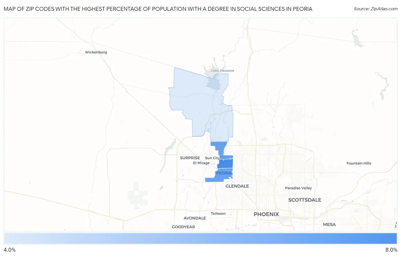 Zip Codes with the Highest Percentage of Population with a Degree in Social Sciences in Peoria Map