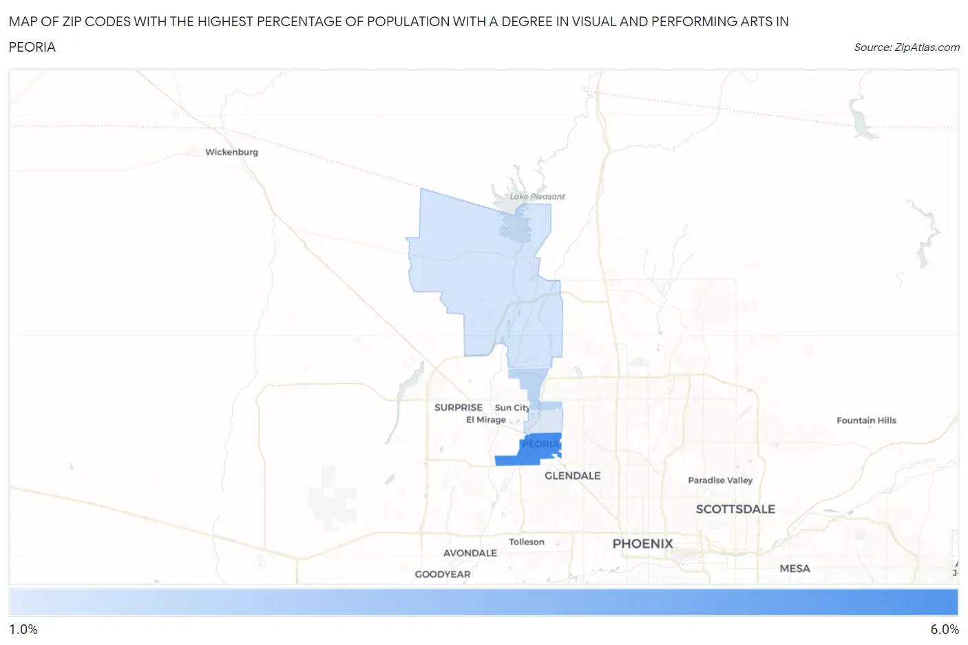 Zip Codes with the Highest Percentage of Population with a Degree in Visual and Performing Arts in Peoria Map