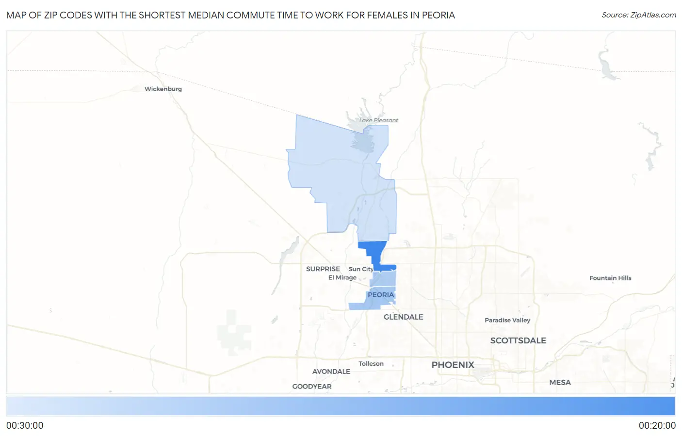 Zip Codes with the Shortest Median Commute Time to Work for Females in Peoria Map