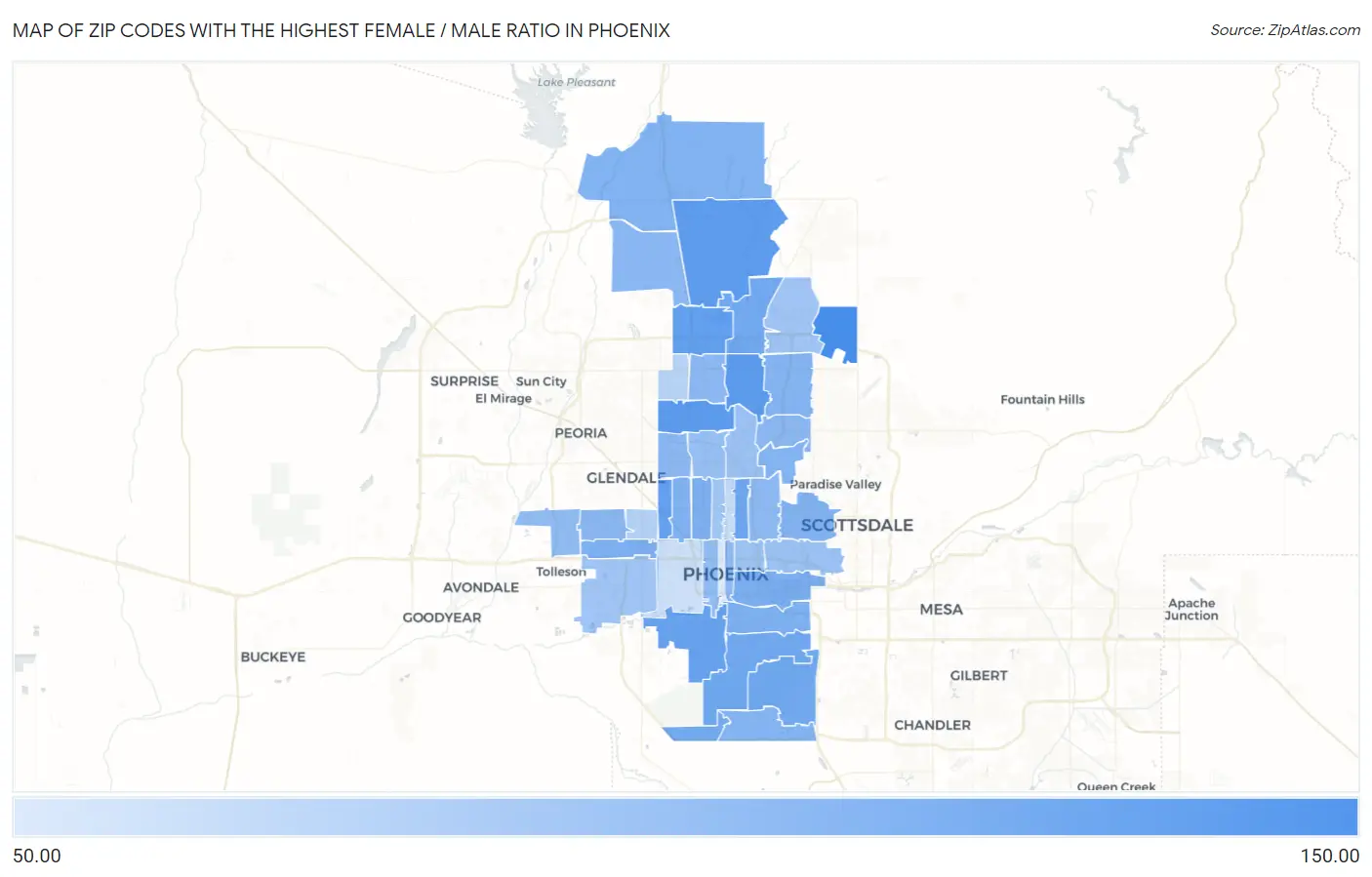 Zip Codes with the Highest Female / Male Ratio in Phoenix Map