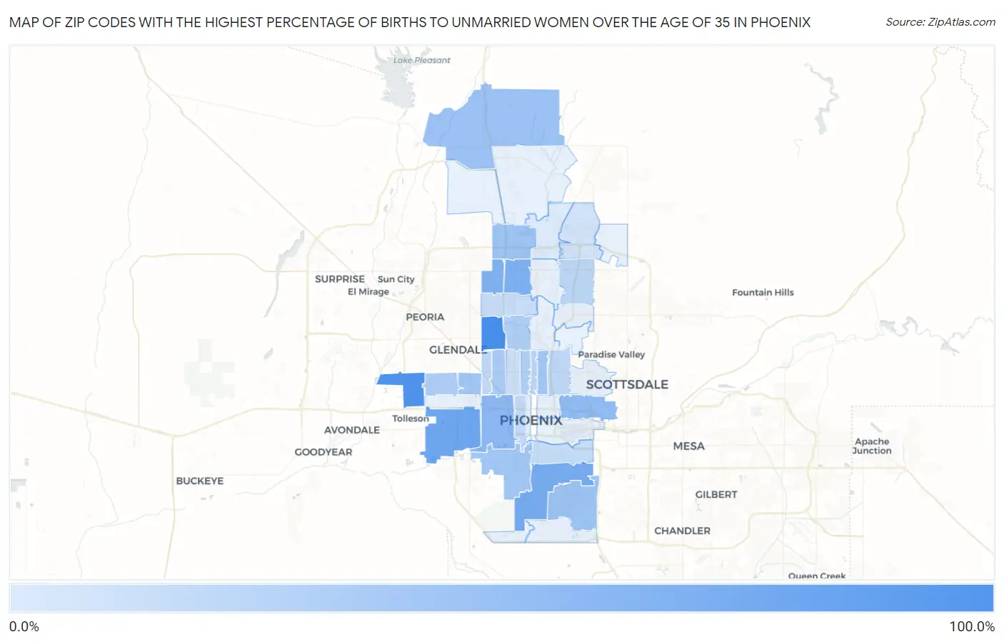 Zip Codes with the Highest Percentage of Births to Unmarried Women over the Age of 35 in Phoenix Map