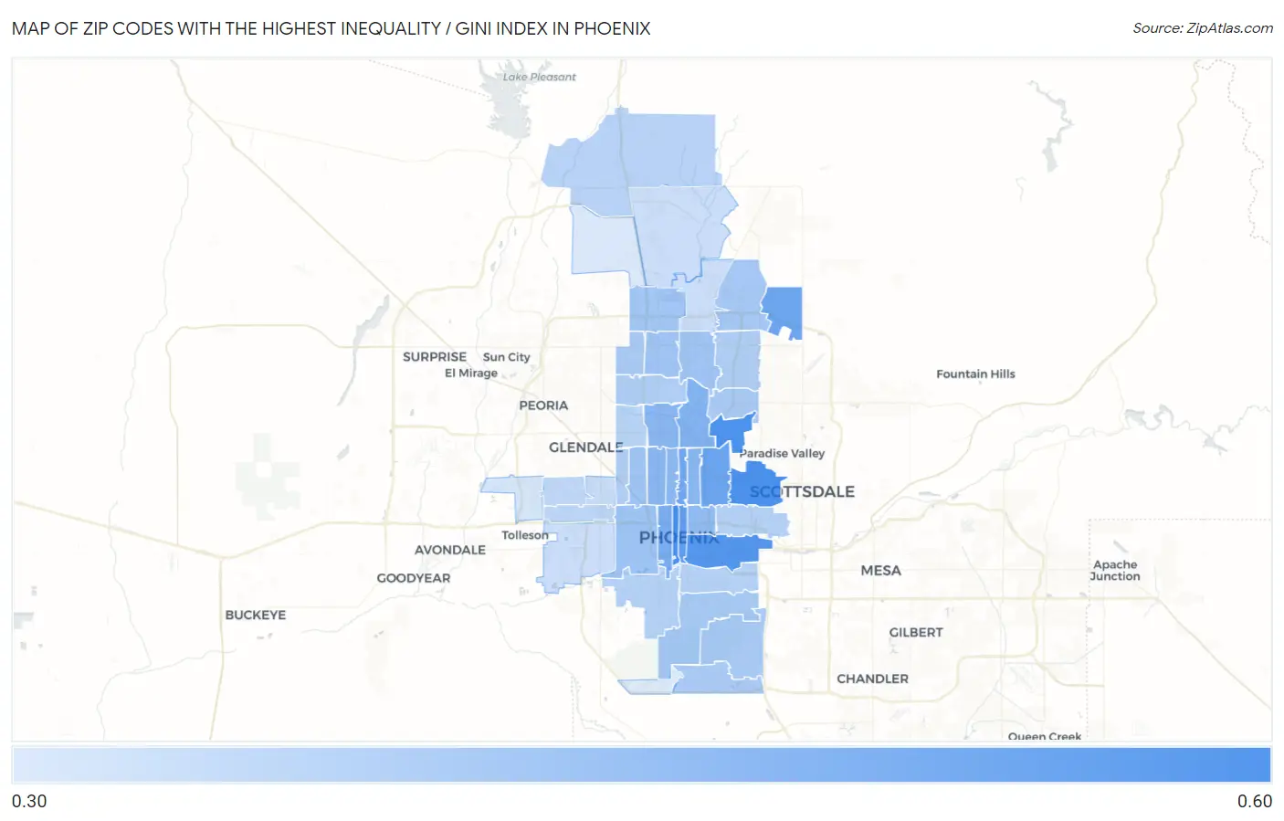 Zip Codes with the Highest Inequality / Gini Index in Phoenix Map