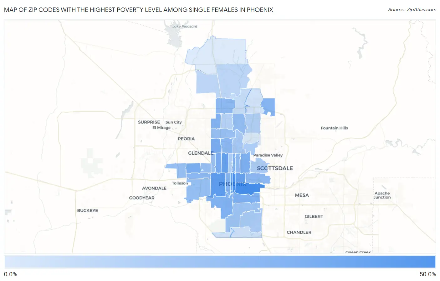 Zip Codes with the Highest Poverty Level Among Single Females in Phoenix Map