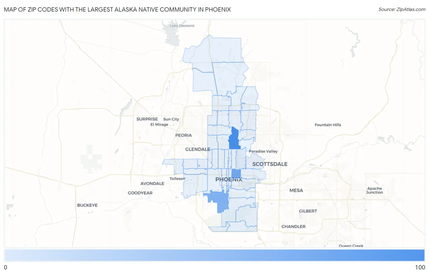 Zip Codes with the Largest Alaska Native Community in Phoenix Map