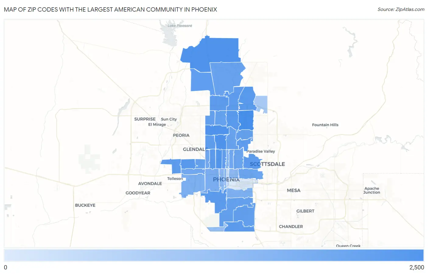 Zip Codes with the Largest American Community in Phoenix Map