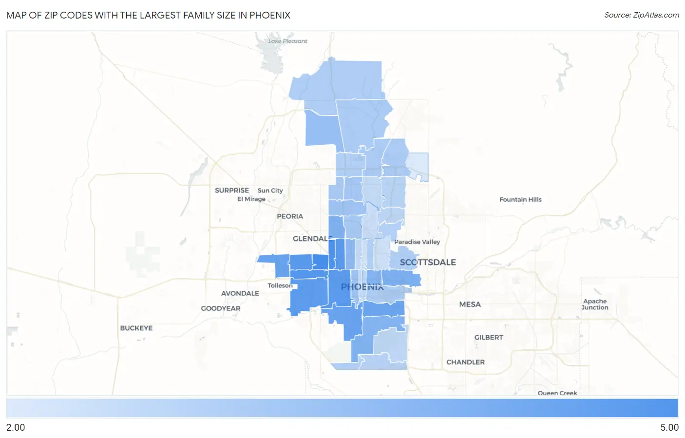 Zip Codes with the Largest Family Size in Phoenix Map