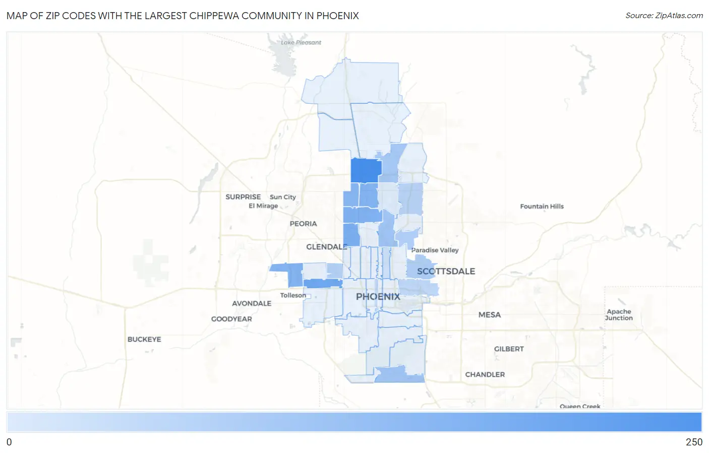 Zip Codes with the Largest Chippewa Community in Phoenix Map