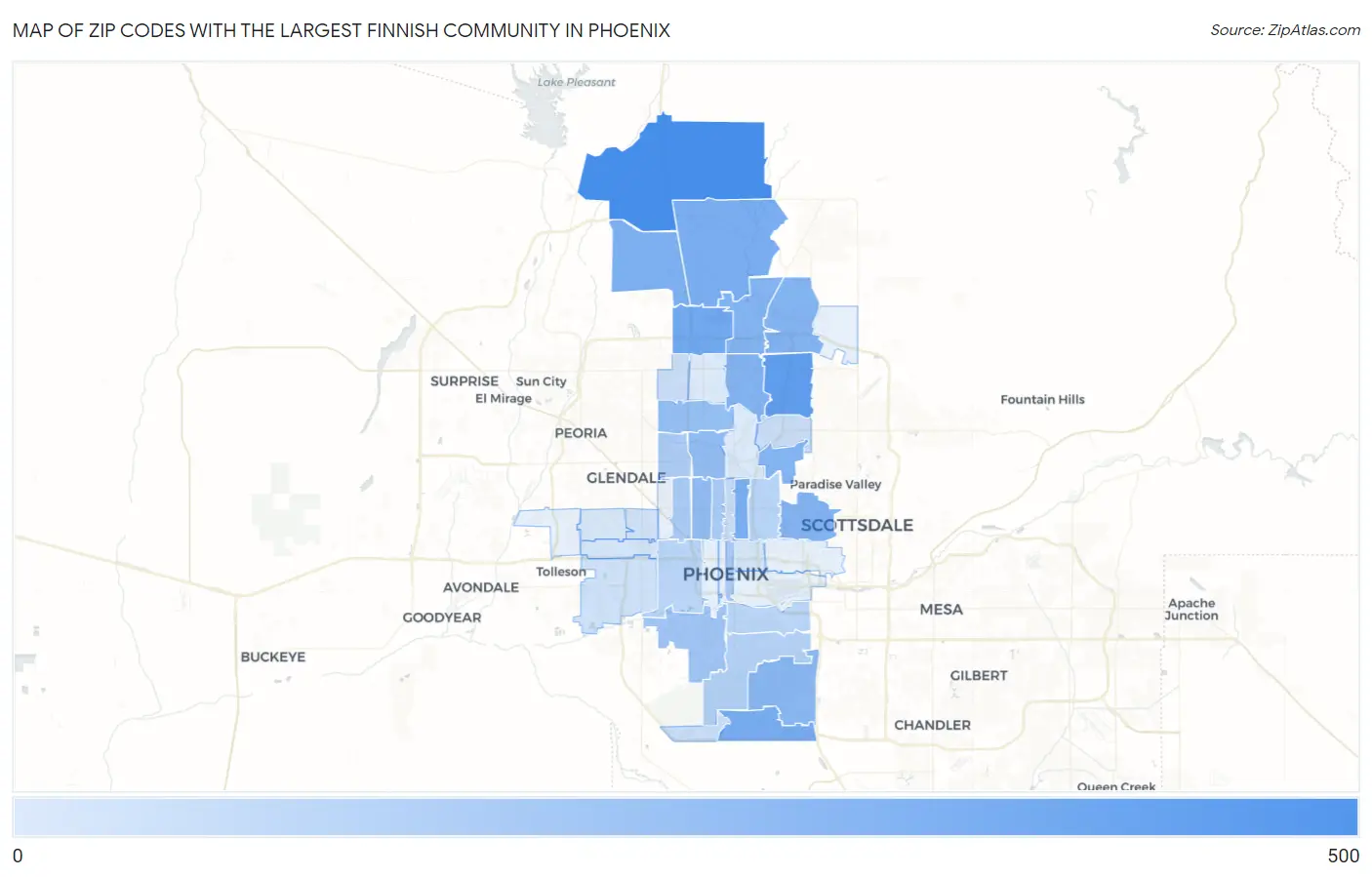 Zip Codes with the Largest Finnish Community in Phoenix Map