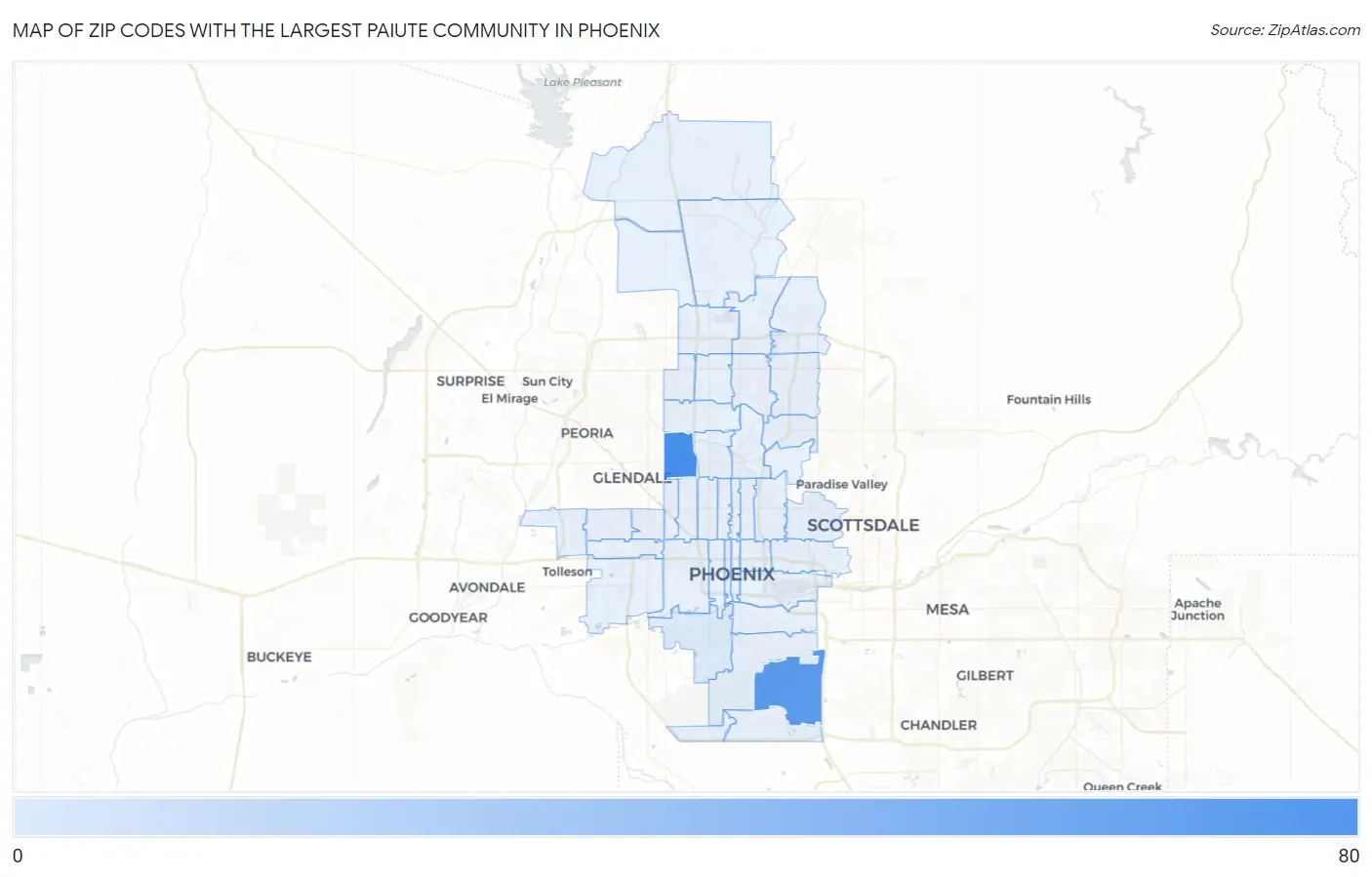 Zip Codes with the Largest Paiute Community in Phoenix Map