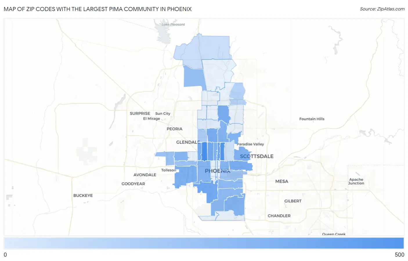 Zip Codes with the Largest Pima Community in Phoenix Map