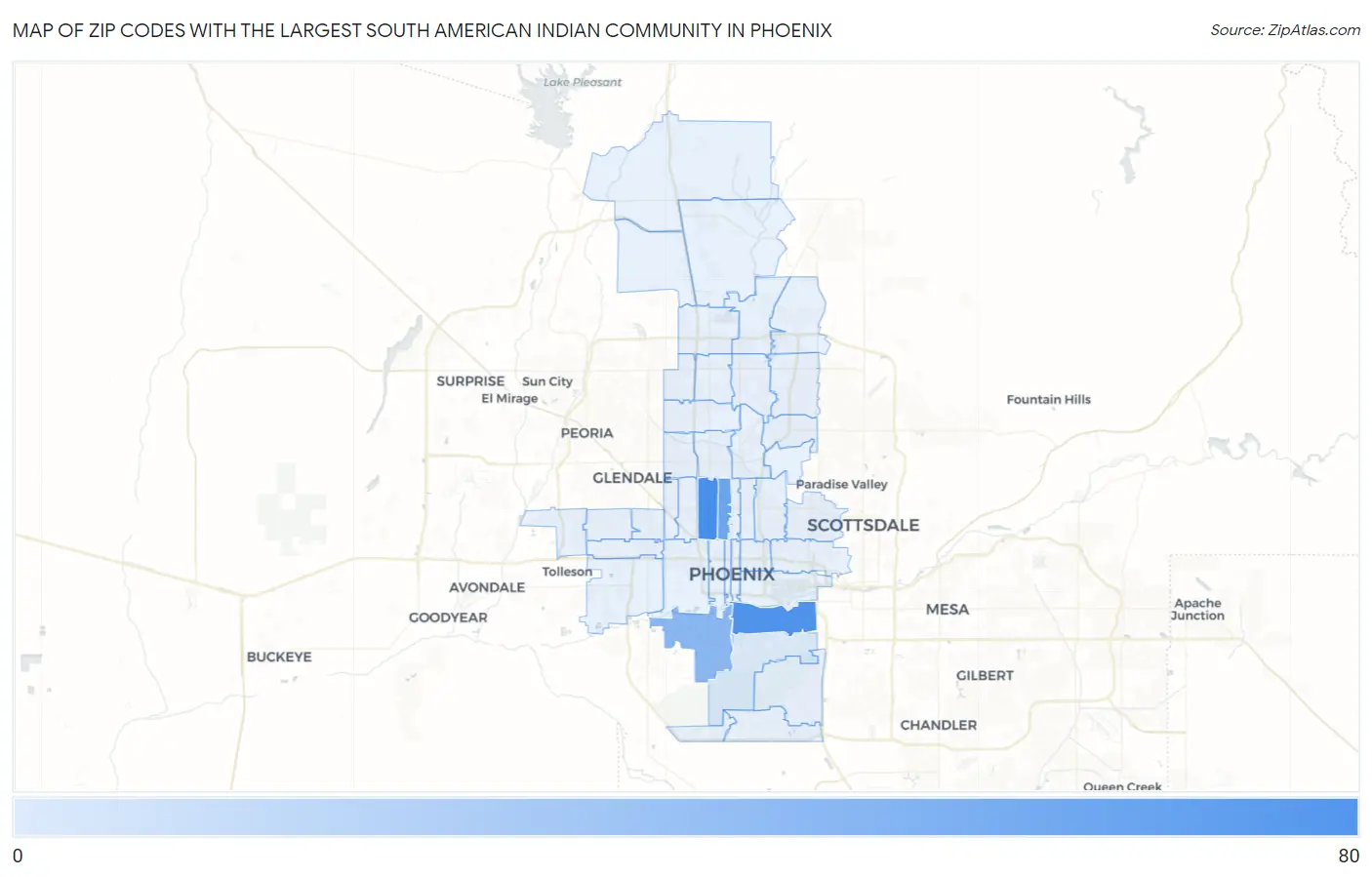 Zip Codes with the Largest South American Indian Community in Phoenix Map